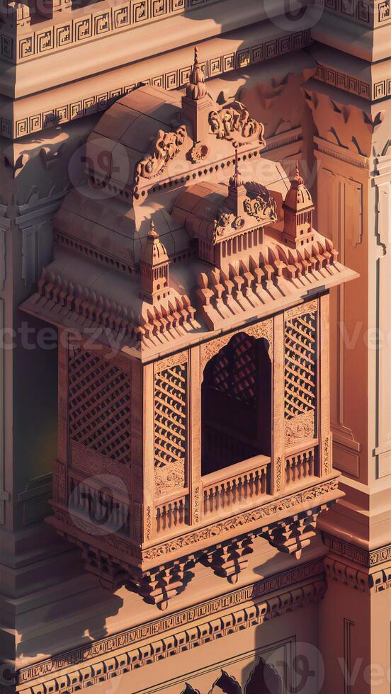 A stunning photograph of an intricately carved jharokha, an ornate window design often seen in Indian palaces. The jharoka is adorned with intricate floral and geometric patterns. photo
