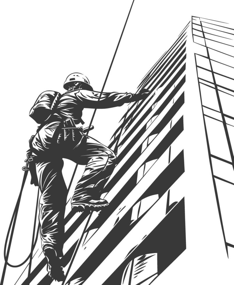 Daring skyscraper climber scales the urban heights with skill and determination vector
