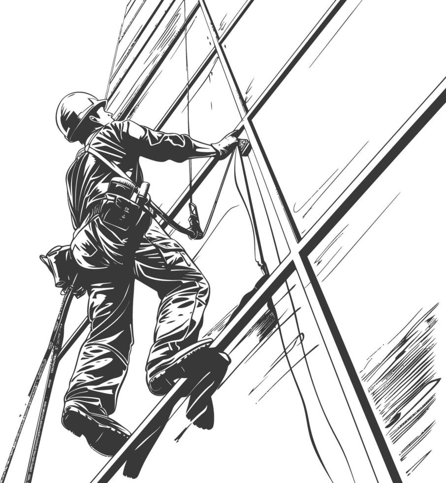 Window washer scales a skyscraper with safety gear. vector