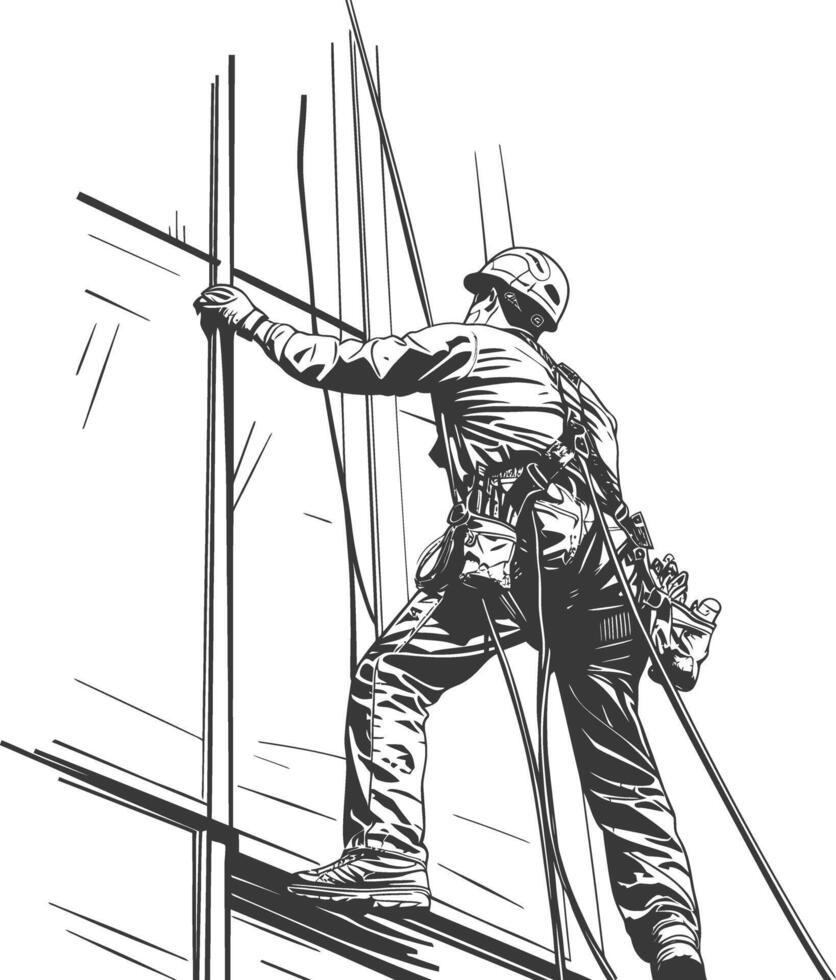 Construction worker scales a building with safety gear vector