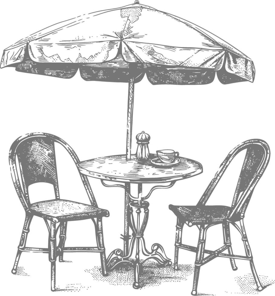 Outdoor cafe table with chairs and umbrella sketch vector