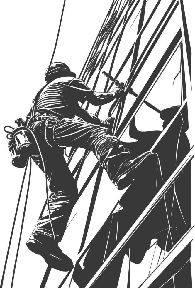 Window washer scales a skyscraper with safety gear and tools vector