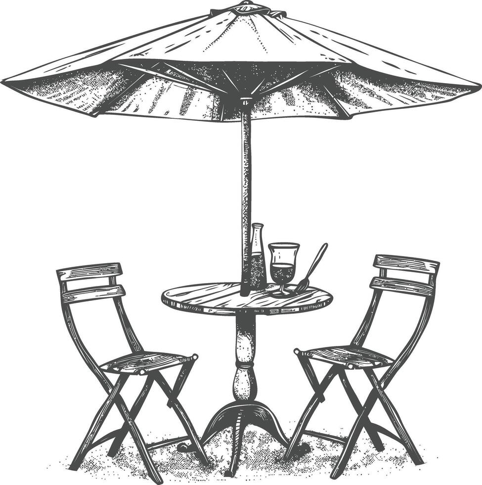 Outdoor cafe table with chairs and umbrella sketch vector