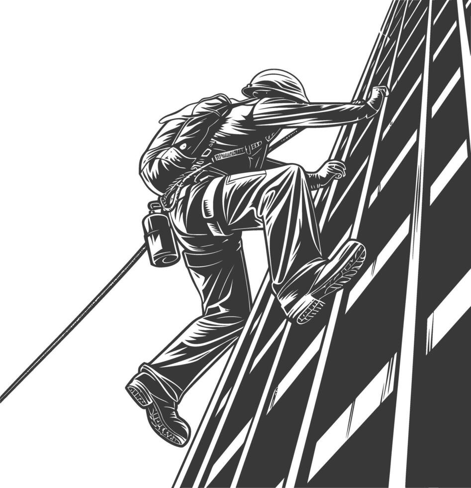 Industrious high-rise window washer scaling a skyscraper with safety gear vector