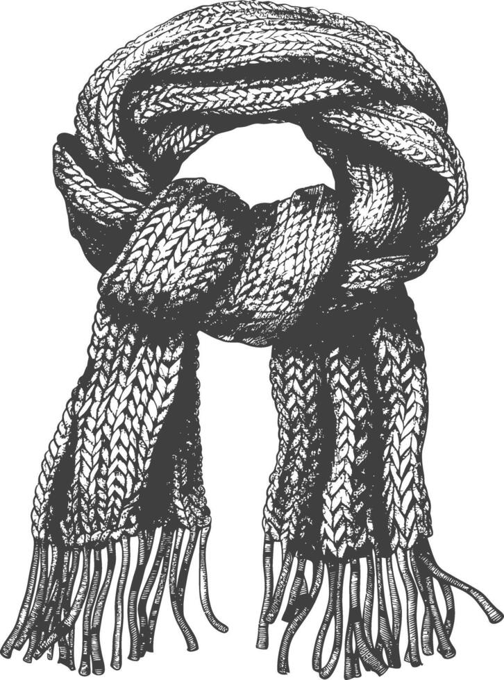 Hand drawn black and white illustration of a knitted scarf with fringe vector