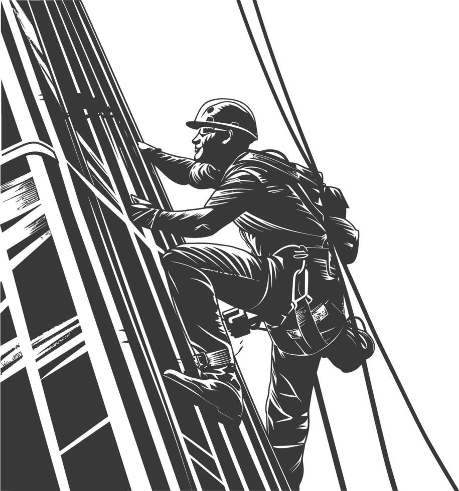 Industrious high-rise window cleaner scaling a skyscraper with safety gear vector