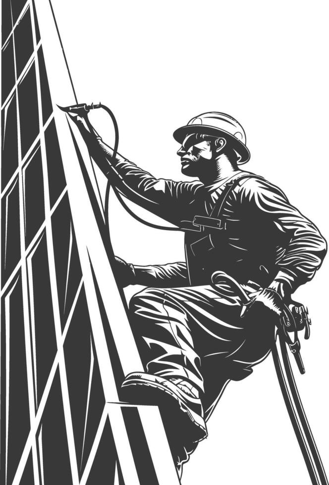 Industrious high-rise window cleaner scaling a skyscraper with safety gear. vector