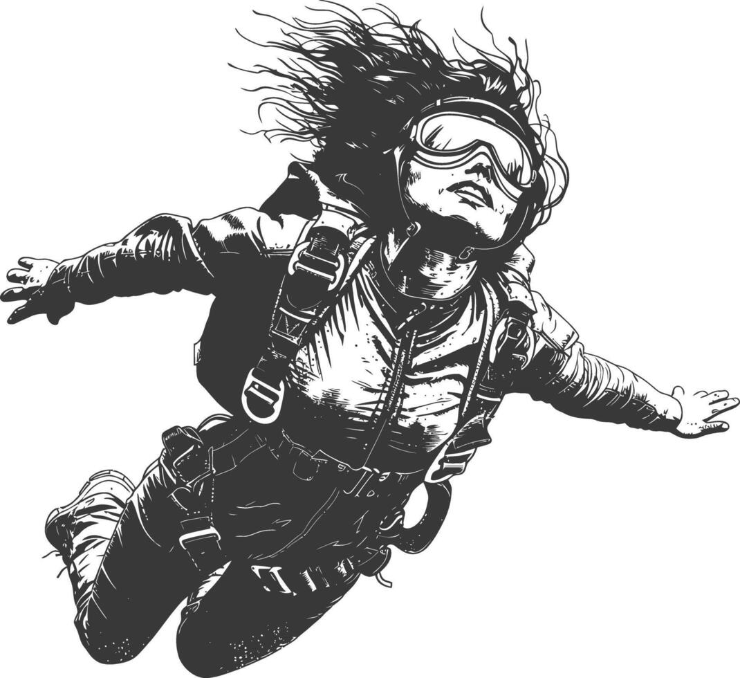 Skydiver illustration in black and white with a woman in goggles free falling vector