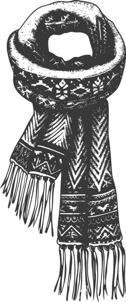 Black and white detailed drawing of a warm winter scarf with a fur collar vector