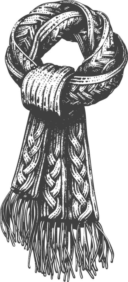 Black and white detailed drawing of a hand-knitted scarf with a cable pattern vector