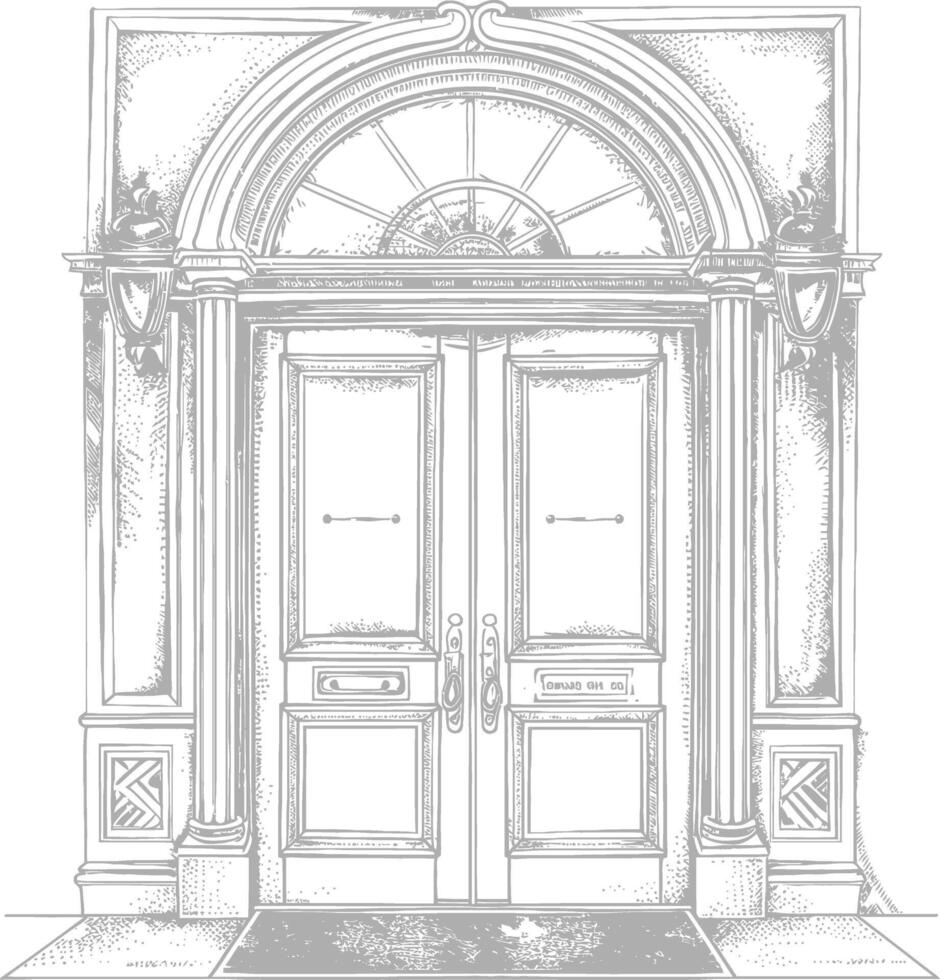 Detailed drawing of a grand double door with ornate columns and a fanlight vector