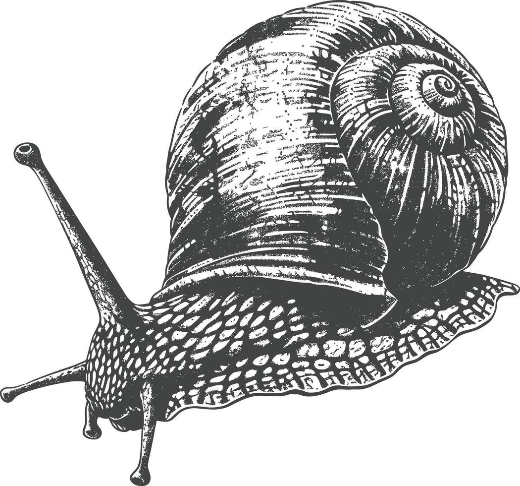 Detailed black and white illustration of a snail with its shell vector