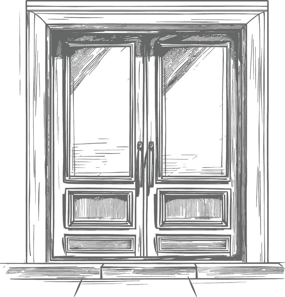 Detailed Sketch of a Wooden Double Door with Glass Panels vector