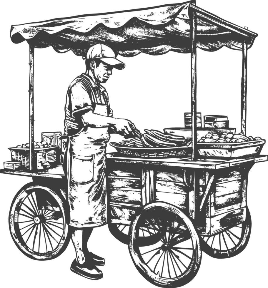Street food vendor pushing a cart with a canopy selling various goods vector