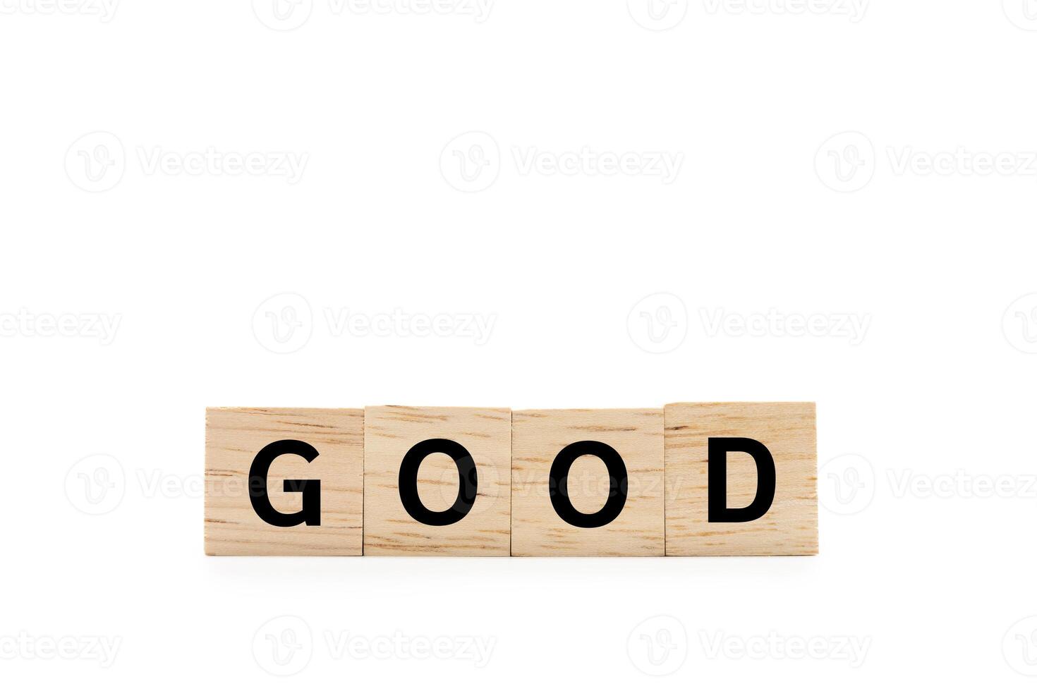 Wooden blocks with GOOD text isolated on white background. Business and Good concept. Copy space and clipping path. photo