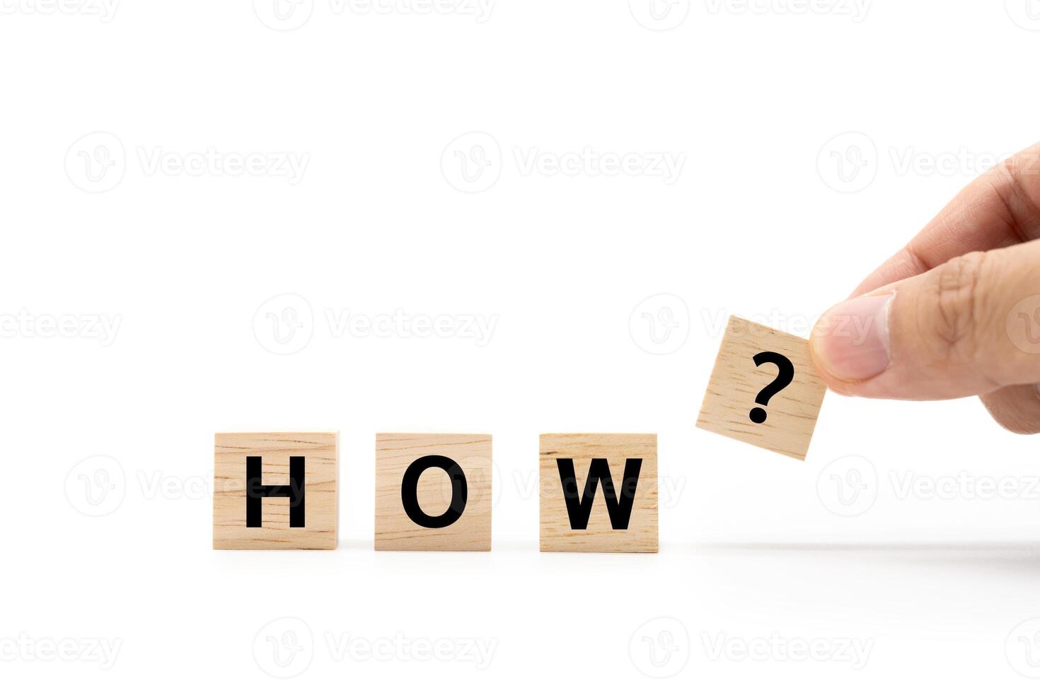 Hand place HOW wooden blocks of business concept isolated on white background. Copy space. photo