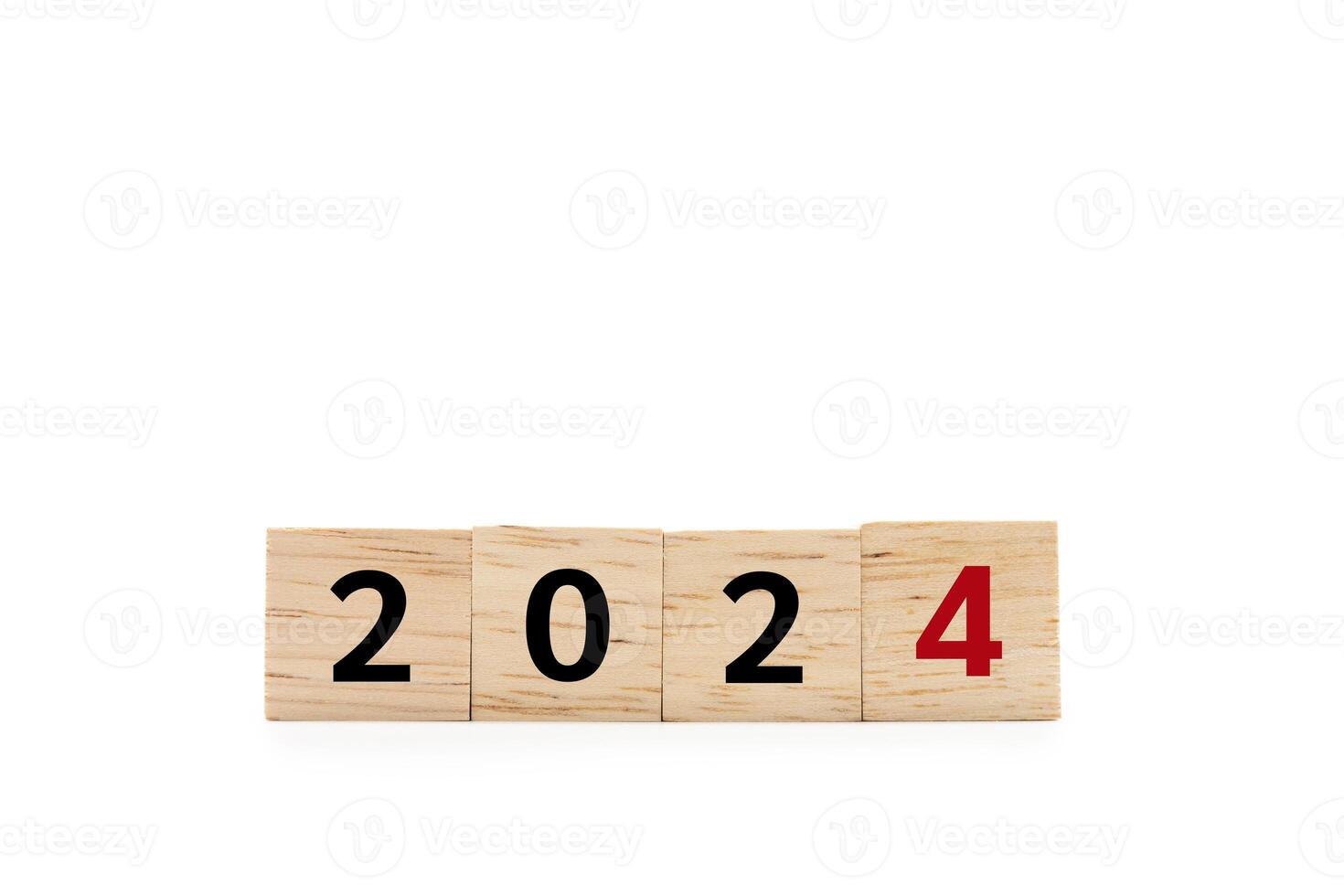 wooden cube blocks with 2024 text isolated on white background. numbers on wooden blocks with copy space and clipping path. 2024 new year idea concept. photo