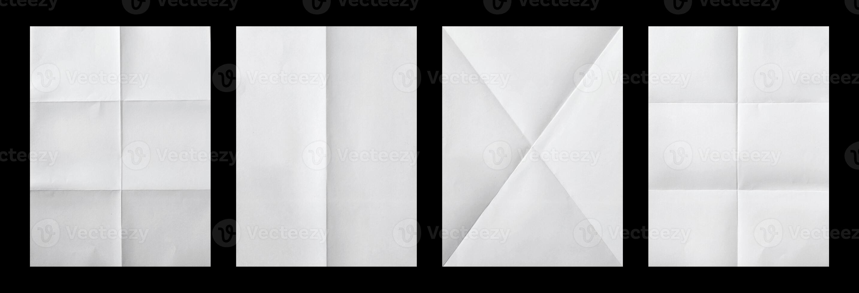 Wrinkled paper. Realistic white empty poster mockups with crumpled texture effect and creases. Isolated straightened square sheets for documents photo