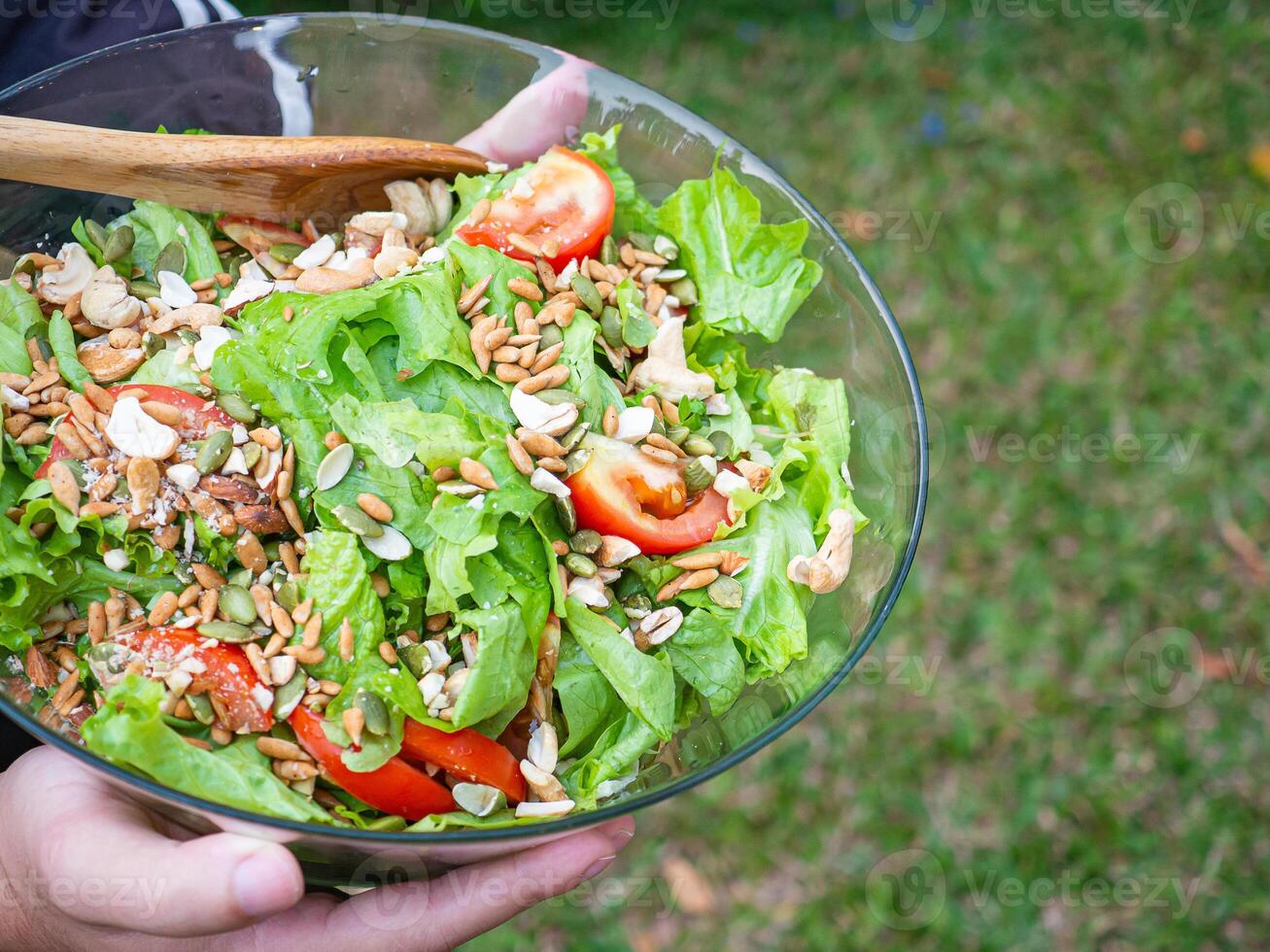 Hands carrying of a glass bowl with a fresh mixed vegetable salad, tomato, cashew nuts while standing in a garden. Close-up photo. Concept of healthy foods and healthcare photo