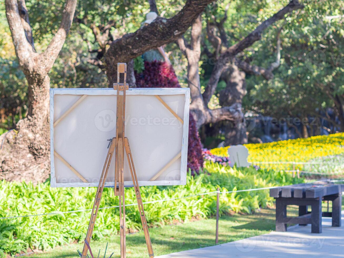 Back view of a wooden easel with white canvas in the park. Drawing easel. Copy space for your text. Concept of art and drawing photo