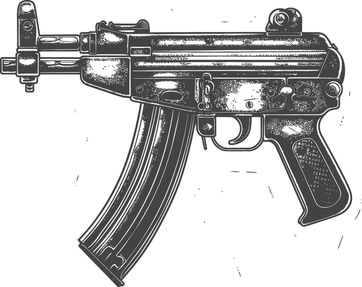Detailed illustration of an assault rifle with intricate details and a worn, weathered look vector