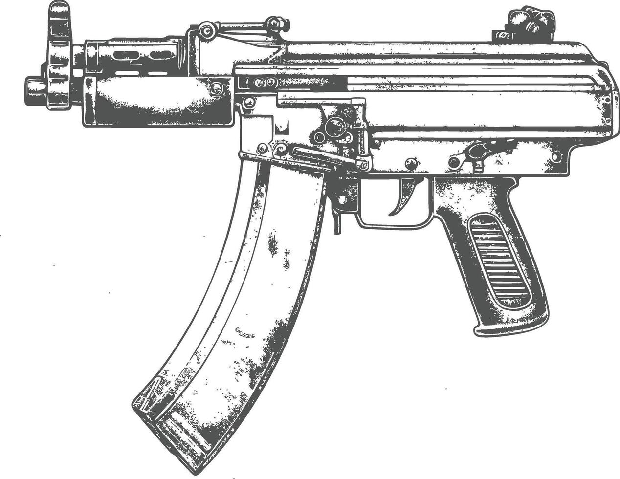 Detailed illustration of a compact assault rifle with intricate details and a worn appearance. vector