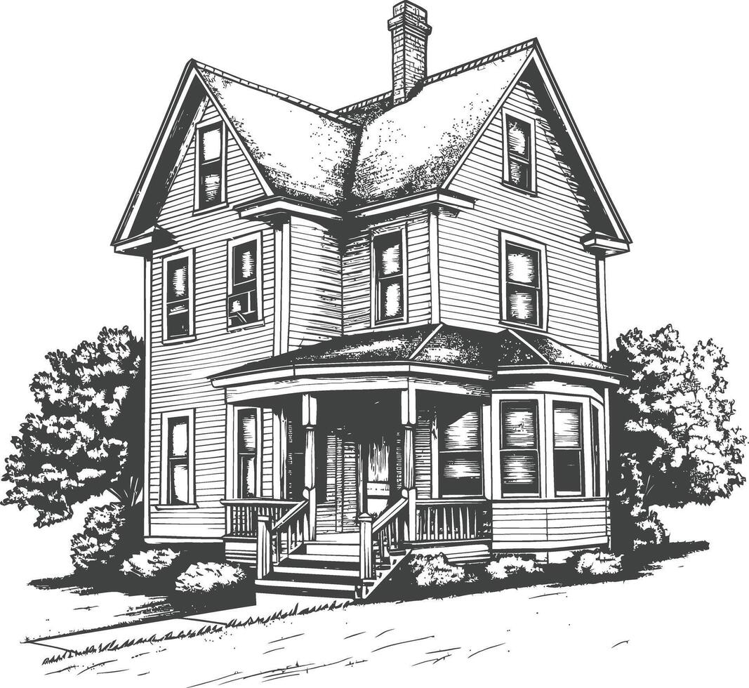 Detailed illustration of a two-story Victorian-style house with a porch and trees vector