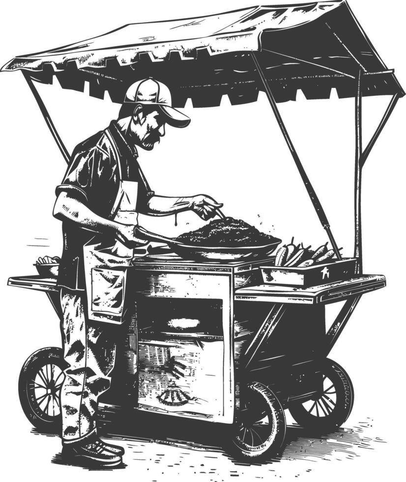 Street food vendor grilling corn on a cob with a traditional Mexican cart vector