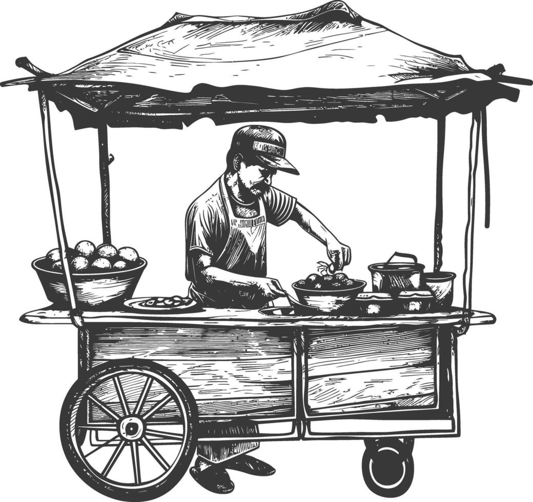 Street food vendor pushing a food cart vector