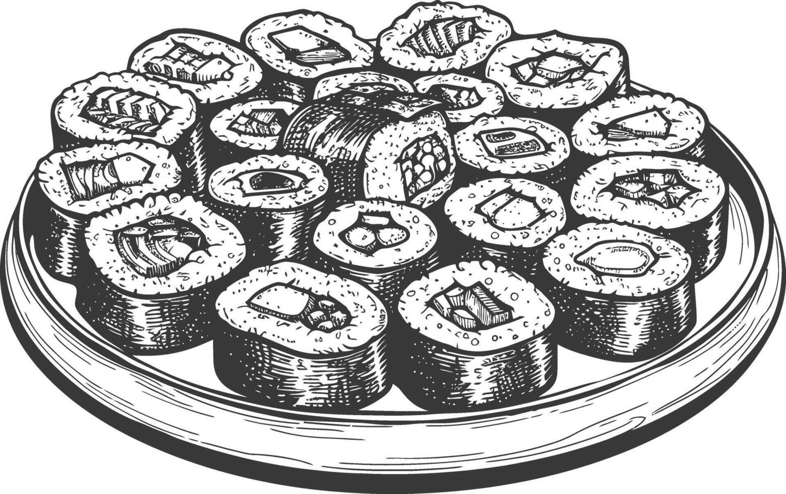 Detailed black and white illustration of a large platter of assorted sushi rolls. vector