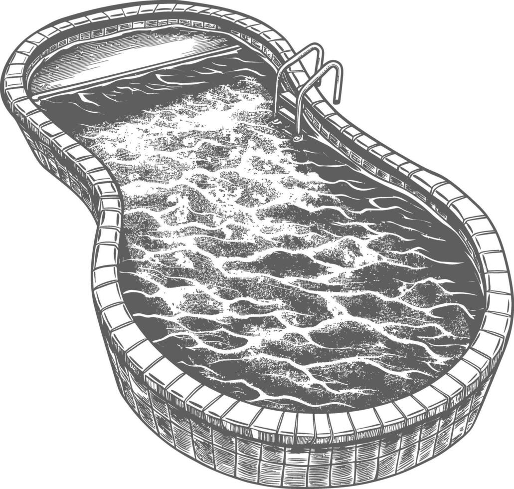 Detailed black and white line drawing of an in-ground kidney shaped swimming pool with brick coping and diving board vector