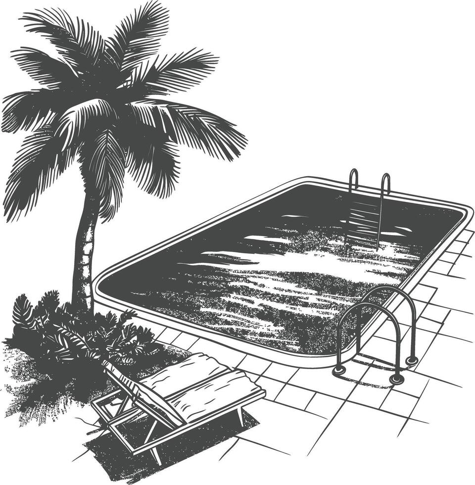 Minimalist Black and White Poolside Scene with Palm Tree and Lounge Chair vector