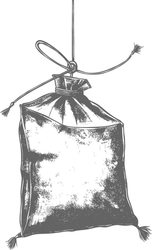 Detailed drawing of a hanging burlap sack with a rope vector