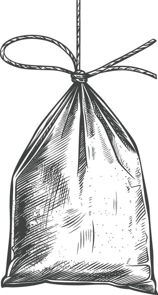 Sketch of a small tied cloth sack hanging from a rope vector