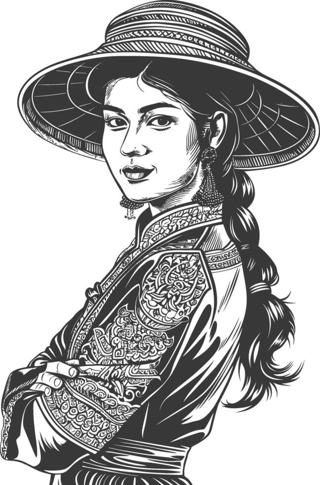 Portrait of a beautiful asian woman wearing a traditional chinese conical hat vector