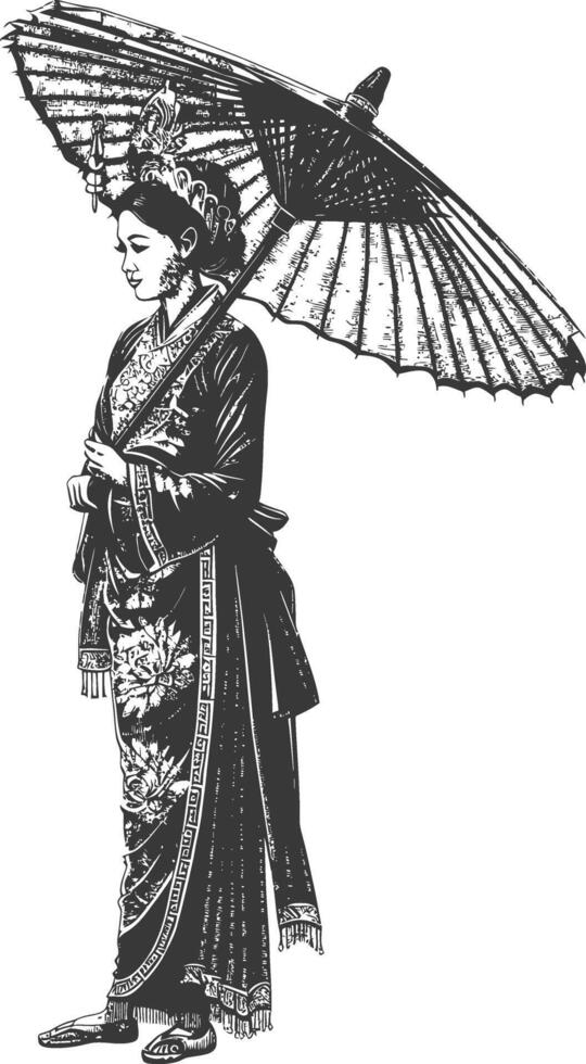 Ornate illustration of a graceful woman in traditional Asian attire holding an umbrella vector