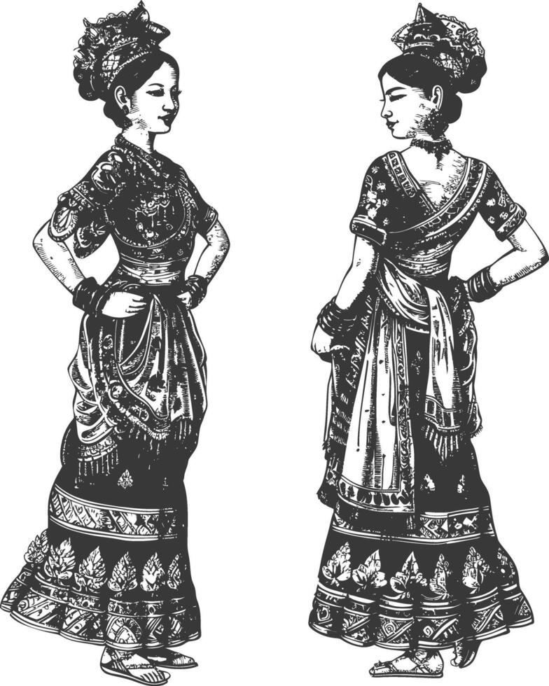Two elegant Javanese female dancers in traditional costumes facing each other vector