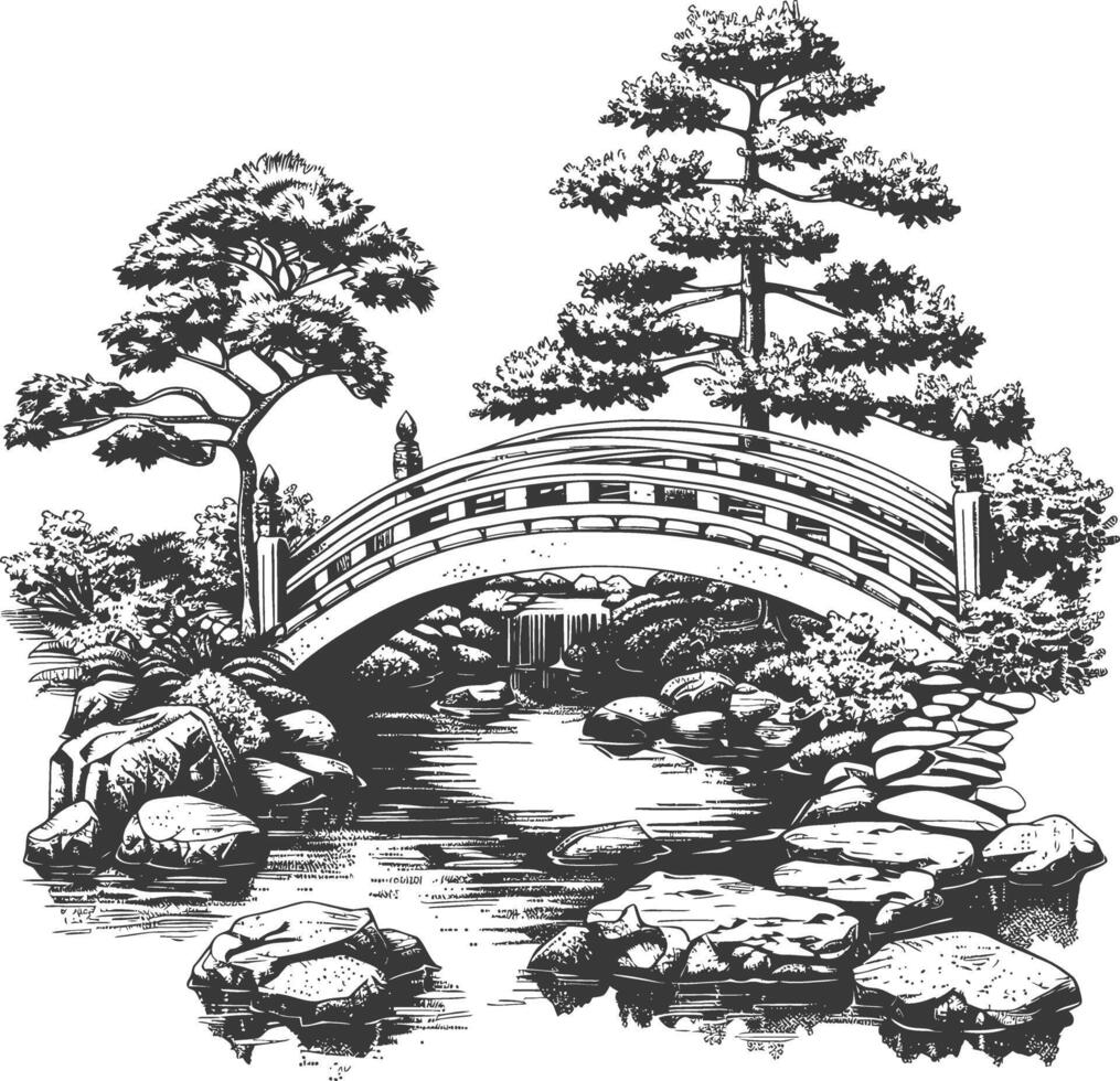 Detailed sketch of a traditional oriental garden with a stone bridge over a pond and pine trees vector