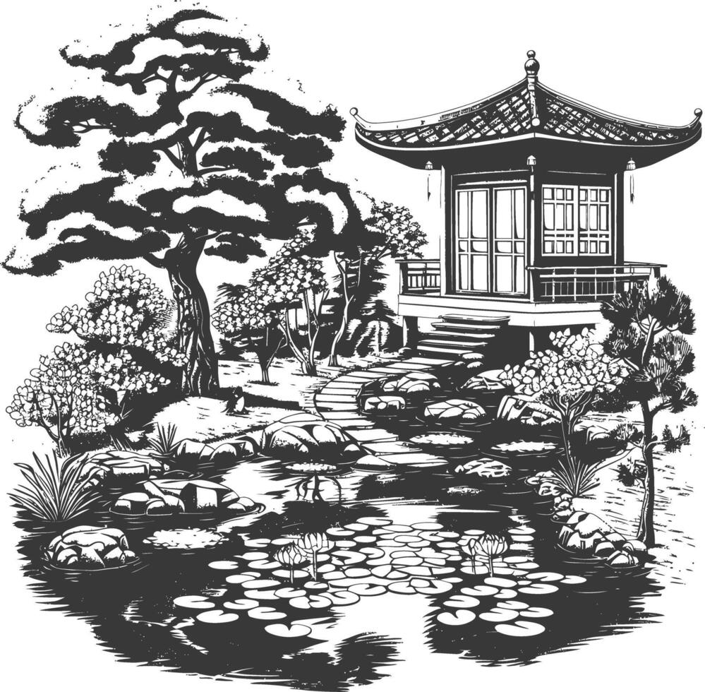 Traditional Japanese Garden with Koi Pond and Stone Path vector