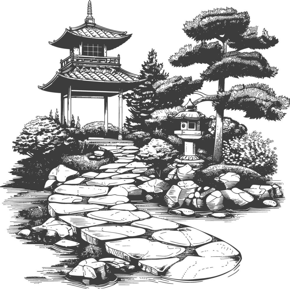 Peaceful Zen Garden with Traditional Japanese Pavilion and Stone Path vector