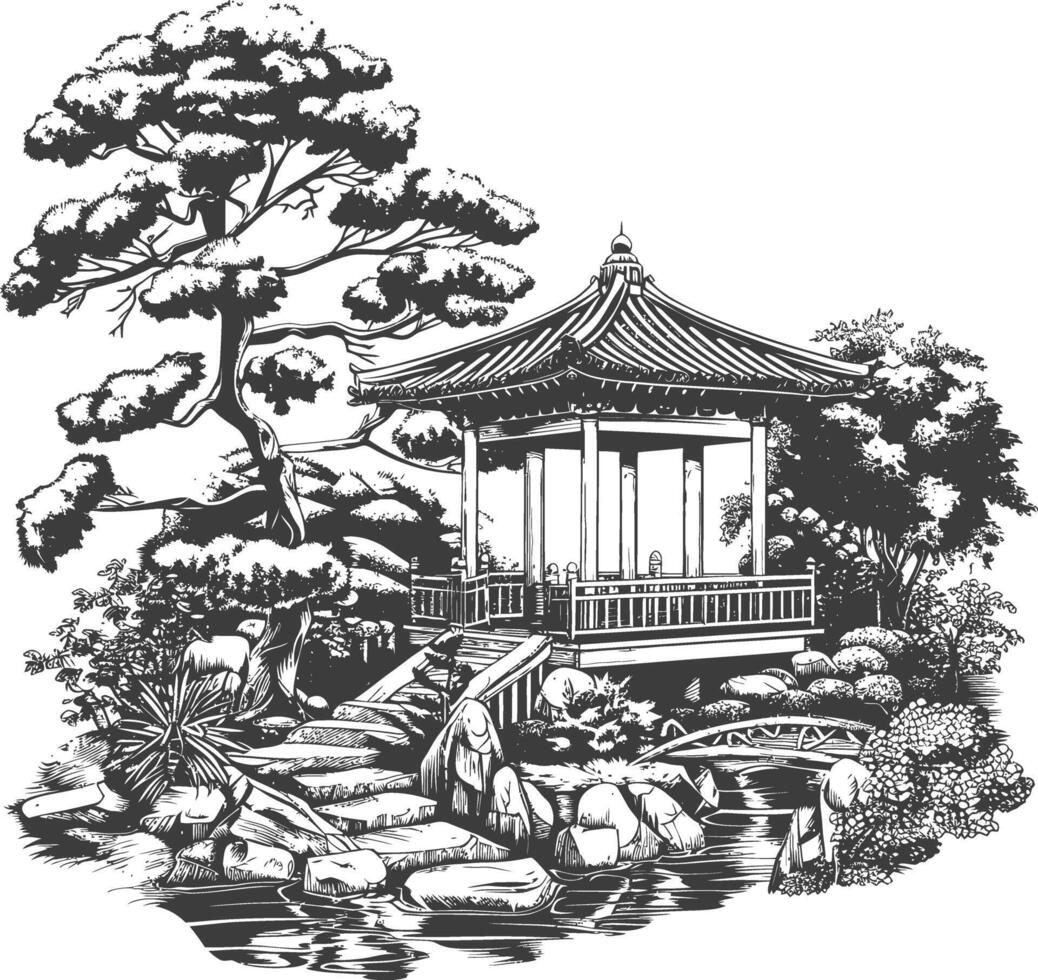 Traditional Japanese Garden with a Gazebo near a Pond vector