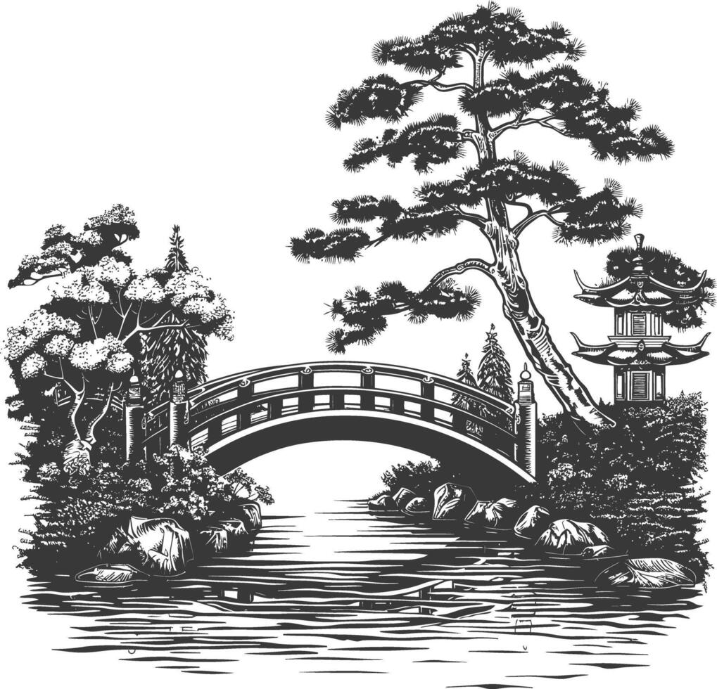 Traditional Japanese Garden with Bridge and Trees vector