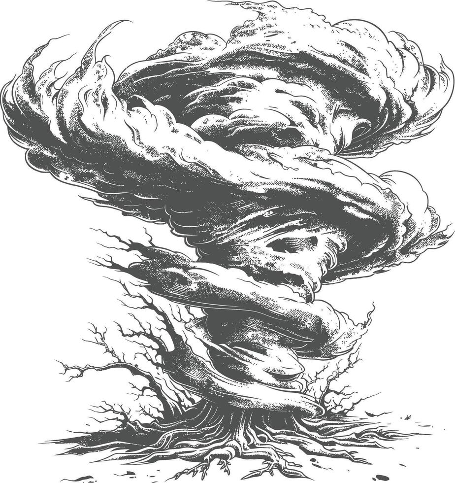 Dark, twisting tornado illustration with intricate, detailed linework. vector