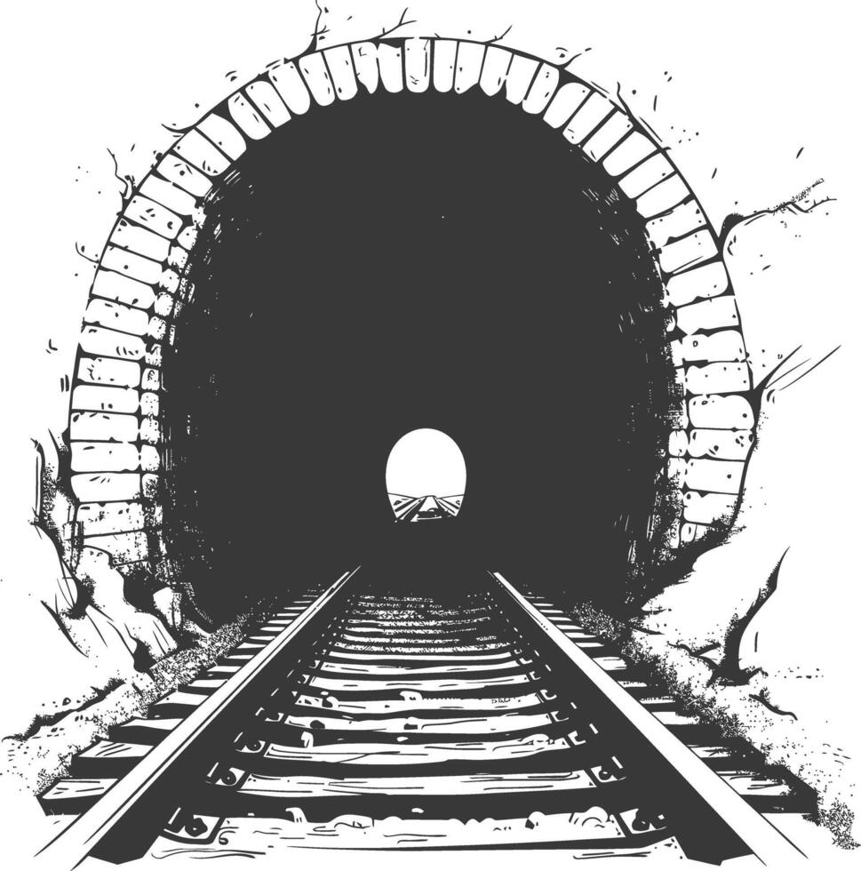 Dark Railroad Tunnel with Tracks and Light at the End vector