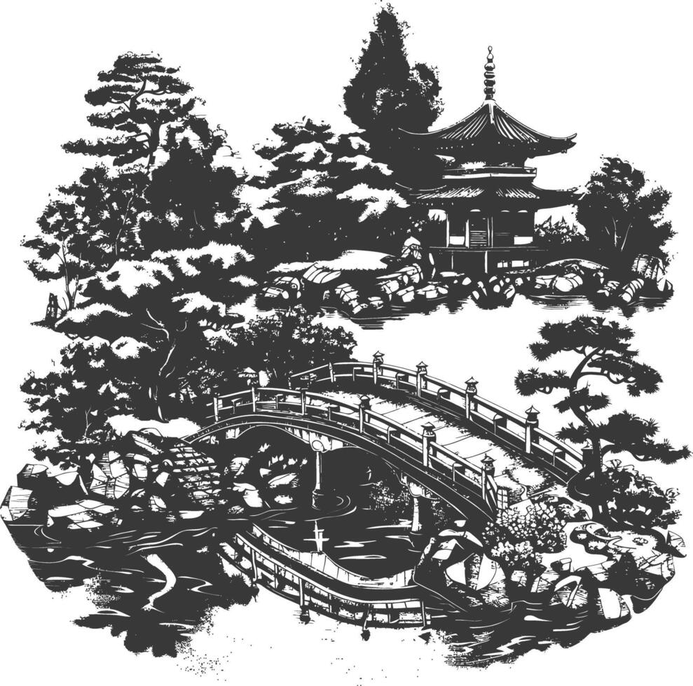Ornate Japanese Garden with Traditional Pavilion and Stone Bridge vector