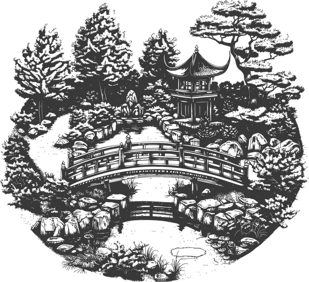 Ornate oriental garden with traditional pavilion and arched bridge vector