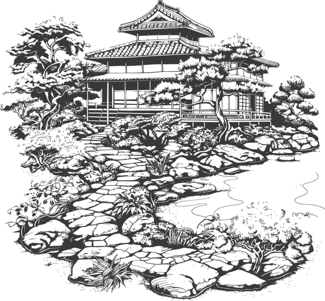 Traditional Japanese Garden with Stepping Stones and Trees vector