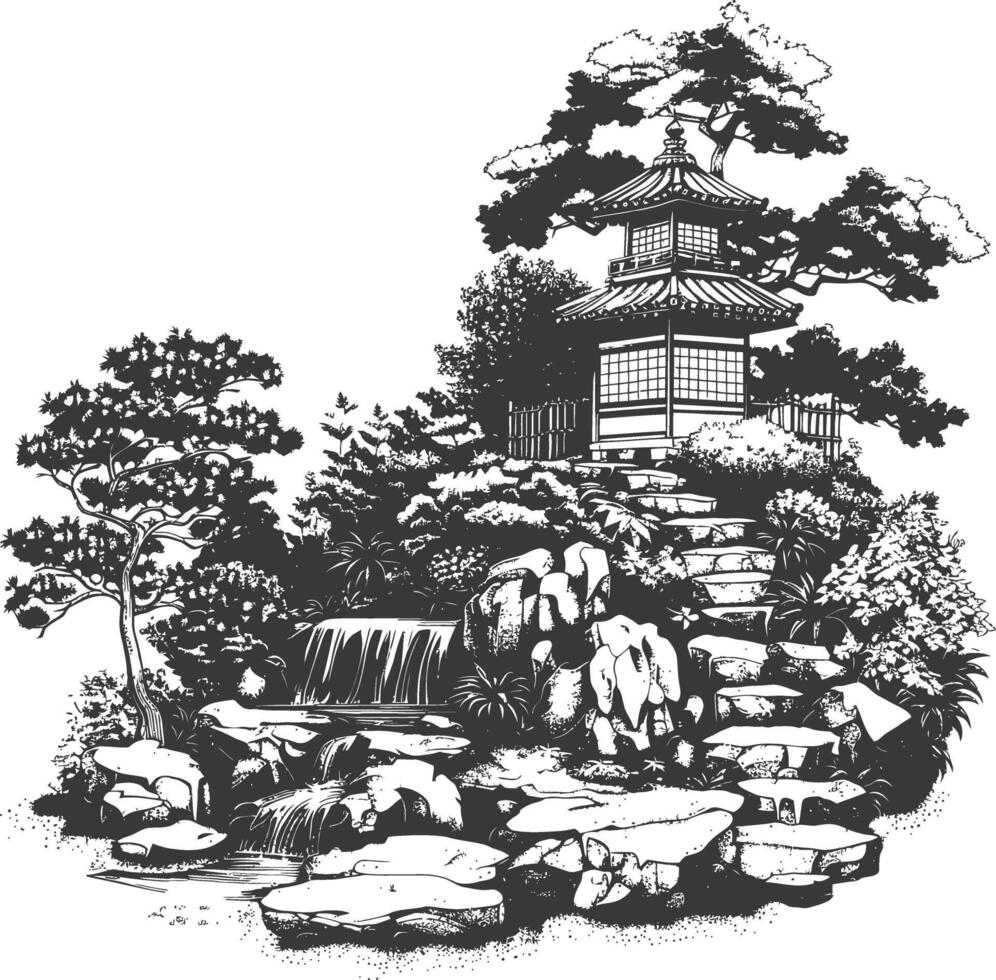 Traditional Japanese garden with a pagoda, rocks, and a waterfall vector