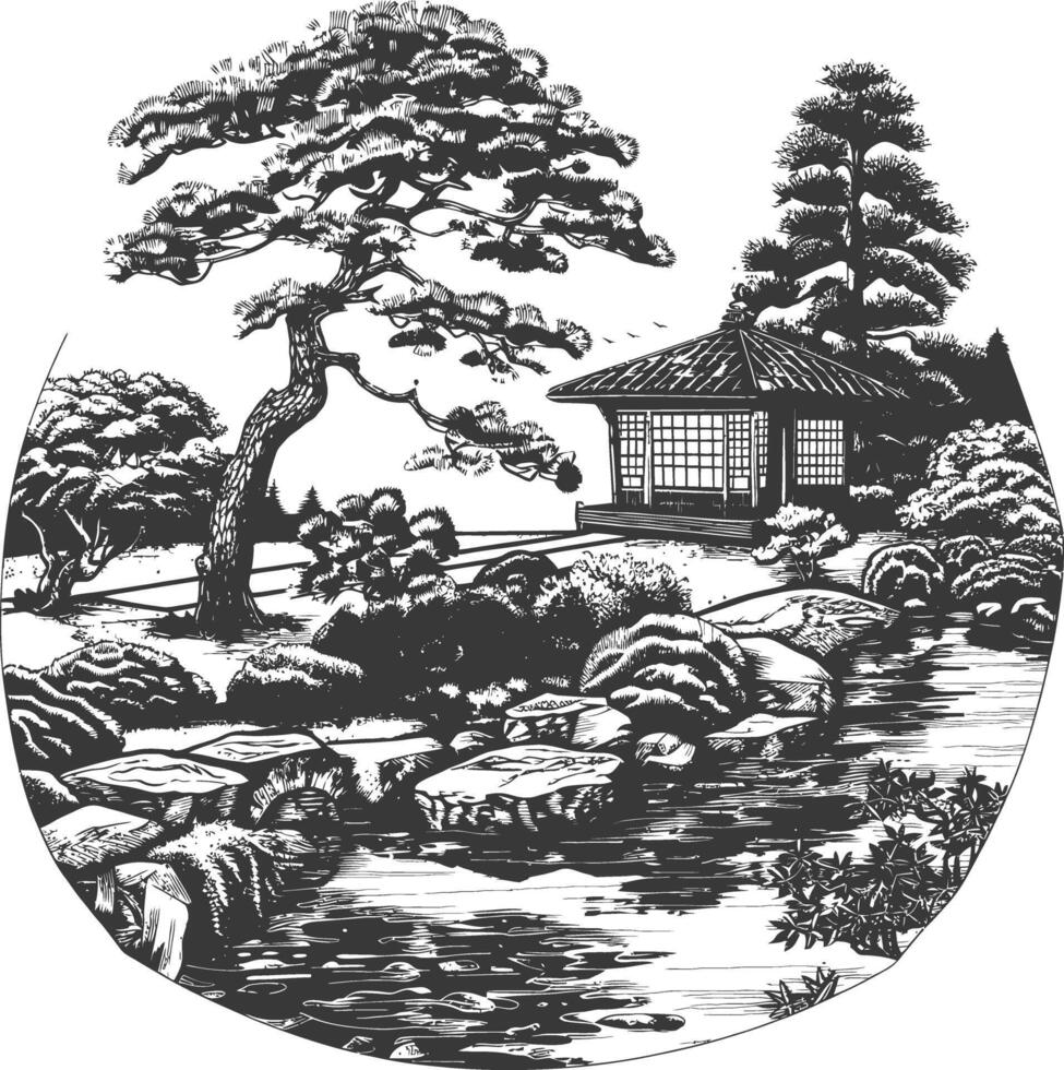 Traditional Japanese Garden with a Pavilion and a Pond vector