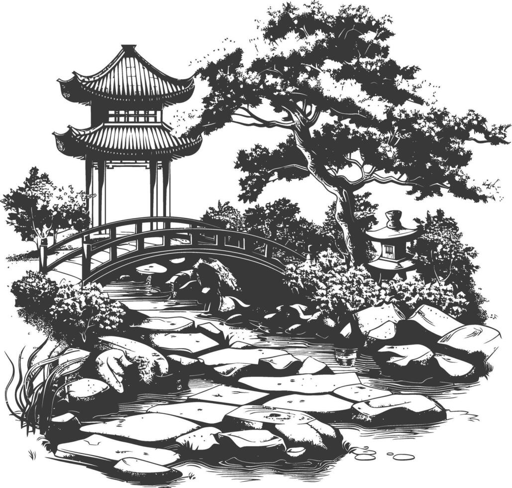 Traditional Japanese Garden with Bridge and Stone Lantern vector